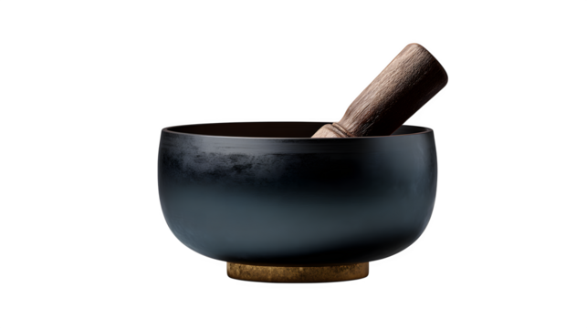 meditation bowl with mallet, zen atmosphere, isolated on transparent background