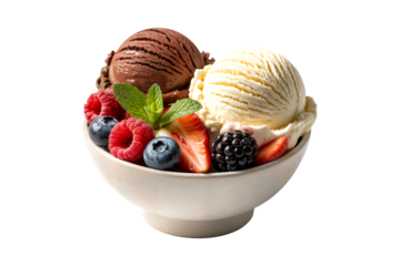A bowl of chocolate and vanilla ice cream topped with a fresh mixed berry salad isolated on transparent background