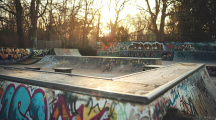 Urban concrete skatepark with graffiti art and trees in the background during golden hour