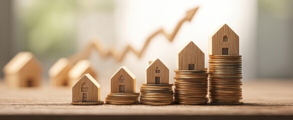 The growth of real estate investment represented by wooden houses and coins.