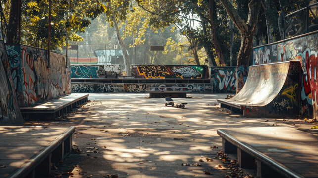 Urban skatepark with graffiti walls and sunlight dappled ground - Powered by Adobe