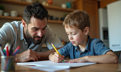 Father and son engaged in drawing and learning at home