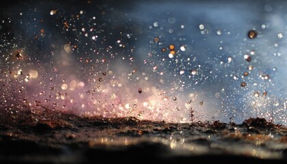 Explosive, colorful water droplets erupting from a dark surface