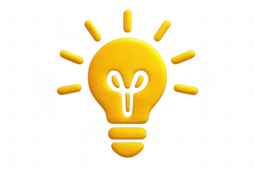 Yellow light bulb icon glowing on a transparent background, symbolizing creativity, innovation, and new ideas