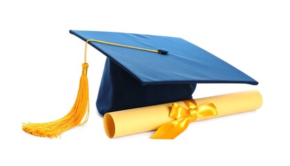 Graduation cap and diploma on white