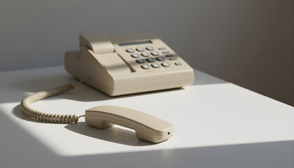 Beige corded telephone off the hook on a white desk in daylight  