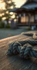 Fototapeta premium Close-up of thick, dark grey rope knotted on weathered wooden surface, blurred temple background at sunset