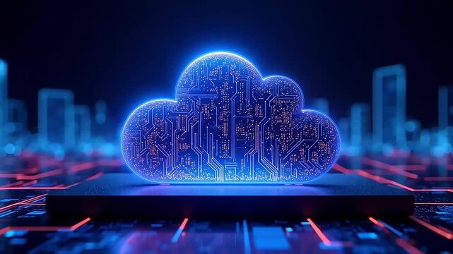  Digital cloud computing symbol with futuristic neon glow and circuit board texture