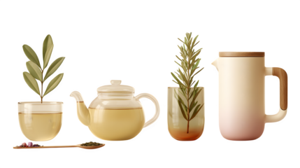 minimal herbal tea set with steam, soothing tones, isolated on transparent background