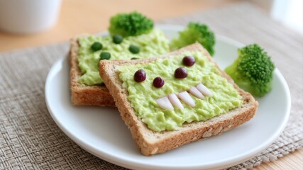 Creative avocado toast with playful vegetable face design on a plate.