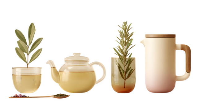 minimal herbal tea set with steam, soothing tones, isolated on transparent background
