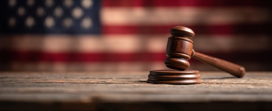 The gavel on a wooden table with an American flag backdrop. - Powered by Adobe