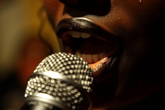Women of color in American music industry. Sensual lips moving of an African American crooner. Cabaret singer