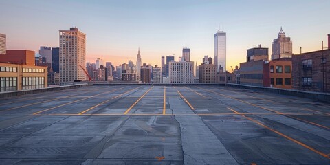 Obraz premium Empty Rooftop Parking Lot with City Skyline at Sunrise