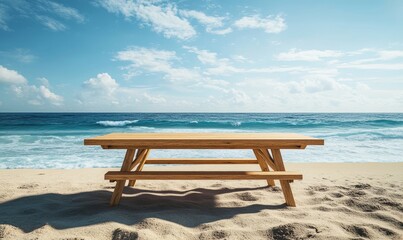 Fototapeta premium Wooden table on the beach with water next to it, creating a serene and idyllic setting for a vacation or lifestyle concept, Generative AI