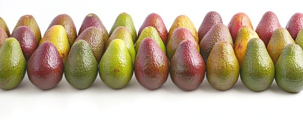 Real avocado arranged in rows on a white background, symbolizing freshness and healthy eating, Generative AI