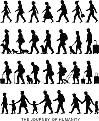 Walking people silhouettes collection, vector humans in motion, travelers, families, pedestrians, dog walkers, elderly, kids, luggage, everyday street scene graphic bundle