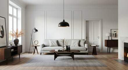 Mid-Century Inspired Living Room with Fireplace