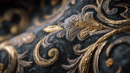 Close-up of dark fabric with gold and silver ornate floral embroidery, showing intricate detail and texture