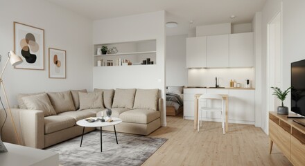 Fototapeta premium Minimalist Studio with Beige Sofa and Partition Wall