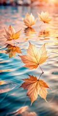 Golden autumn leaves gently floating on calm water with reflections