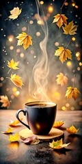 Cozy Autumn Coffee Warmth Amongst Falling Leaves and Soft Bokeh Lights