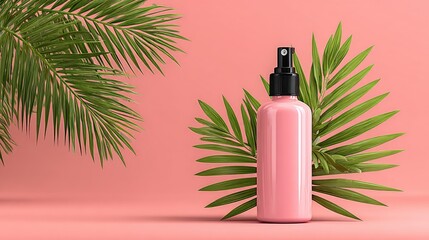 Pink spray bottle amidst tropical leaves on coral background