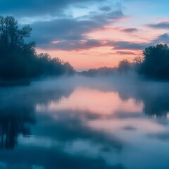 Obraz premium Ethereal Misty River A calm river enveloped in a soft ethereal mist at dawn tranquil and mysterious