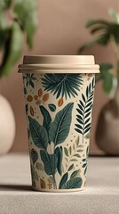 Beige disposable cup, tropical leaf pattern