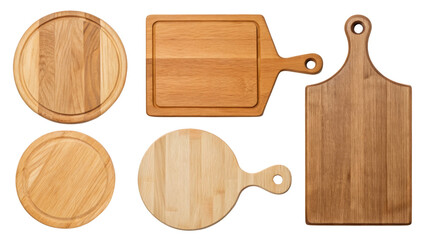 Collection of Wooden Kitchen Boards, Round, Square, and Rectangular Shapes with Handles.