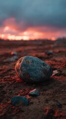 Solitary rock in reddish dirt at sunset