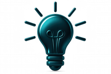Turquoise light bulb shining brightly on a transparent background, representing a new idea, innovation, and creativity