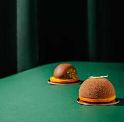 Delightful dessert display featuring chocolate and citrus mousse creations