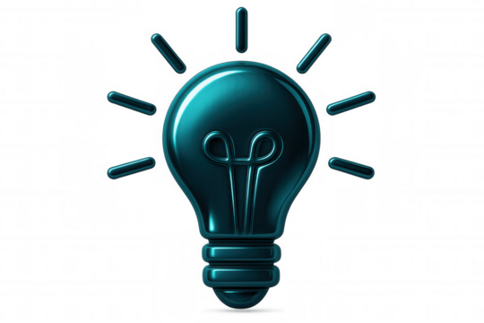 Turquoise light bulb shining brightly on a transparent background, representing a new idea, innovation, and creativity - Powered by Adobe