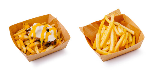 Crispy fries with cheese sauce and chili served in takeout containers