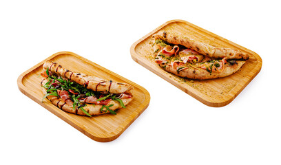 Delicious flatbreads served with fresh toppings on wooden trays