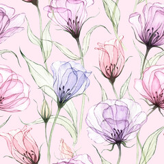 Floral seamless pattern. Watercolor elegant transparent flowers. Violet, lilac delicate eustomas on pink background. Hand painted botanical illustration. For wrapping, apparel, wallpaper, wedding .