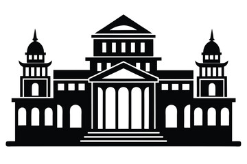 Simple black landmark building structure stands prominently against a stark white backdrop, displaying clear architecture