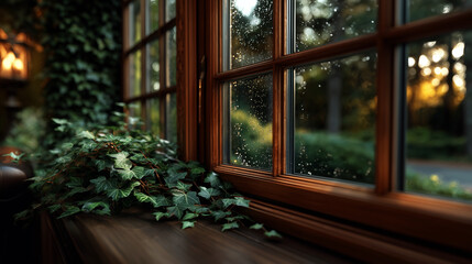 A cozy indoor scene with ivy plants and a window with raindrops and a sunset view