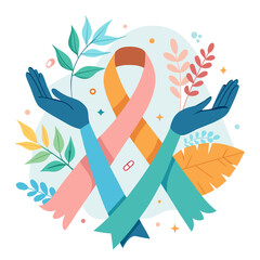 Fototapeta premium Awareness Ribbon with Hands and Leaves Vector Illustration