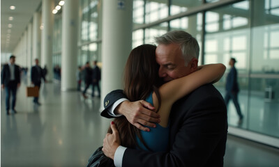 Obraz premium Warm embrace in a modern atrium: reunion and connection