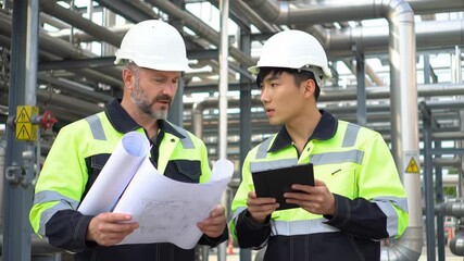 Engineers in safety helmet and high visibility jacket discuss industrial plant blueprint and tablet, focused on engineering teamwork, project planning, and inspection at refinery industry