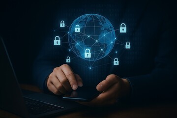 Global cybersecurity concept with interconnected locks and digital globe on dark background data