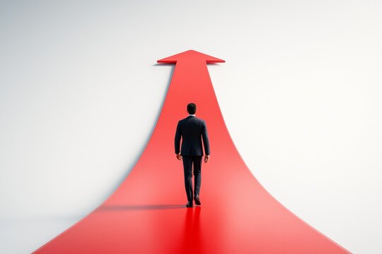 Businessman walking on red arrow forward on light background symbolizing career growth, direction, and success in business strategy concept.