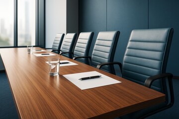 Modern business meeting room with wooden table, black chairs, and natural light through large windows, professional corporate background scene.