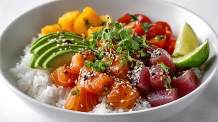 Poke bowl presenting rice, tuna, salmon, avocado, mango and sesame seeds