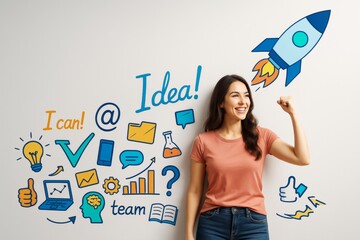 Confident young woman celebrating success with startup and business icons on light background, symbolizing innovation, teamwork, and big ideas.
