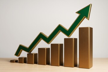 Business growth concept with golden bar chart and green upward arrow on light background representing financial success and progress.