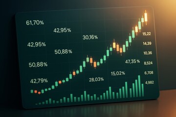 Rising stock market chart with glowing candlesticks and percentages on dark background, symbolizing financial growth and business success.