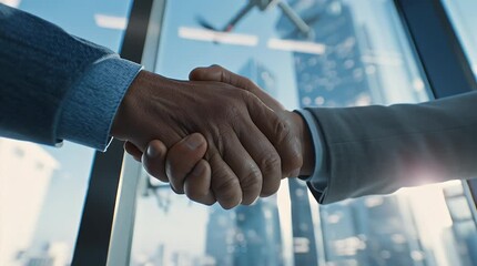 Close-Up of Two Hands Shaking in Front of a Modern Cityscape Window - Powered by Adobe